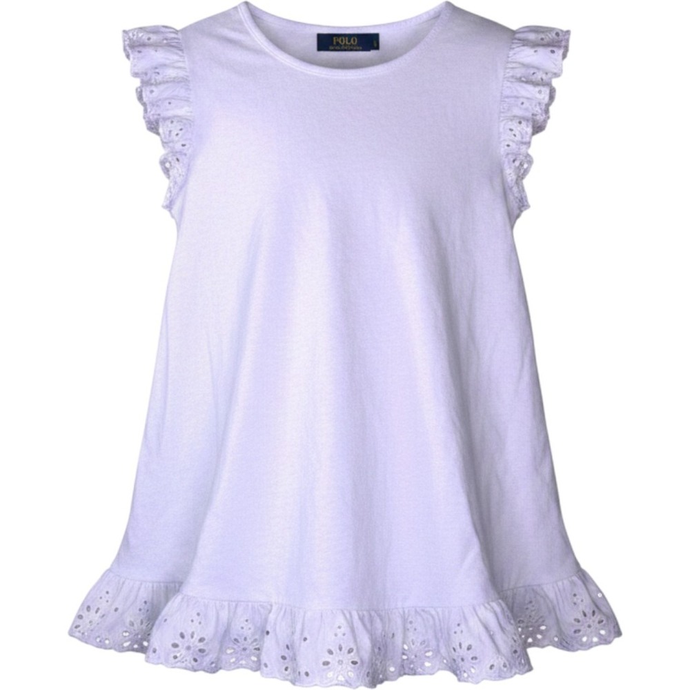 Polo Ralph Lauren Girls White Eyelet Ruffle Sleeve Top Size M 8-10‎ Cotton Tee